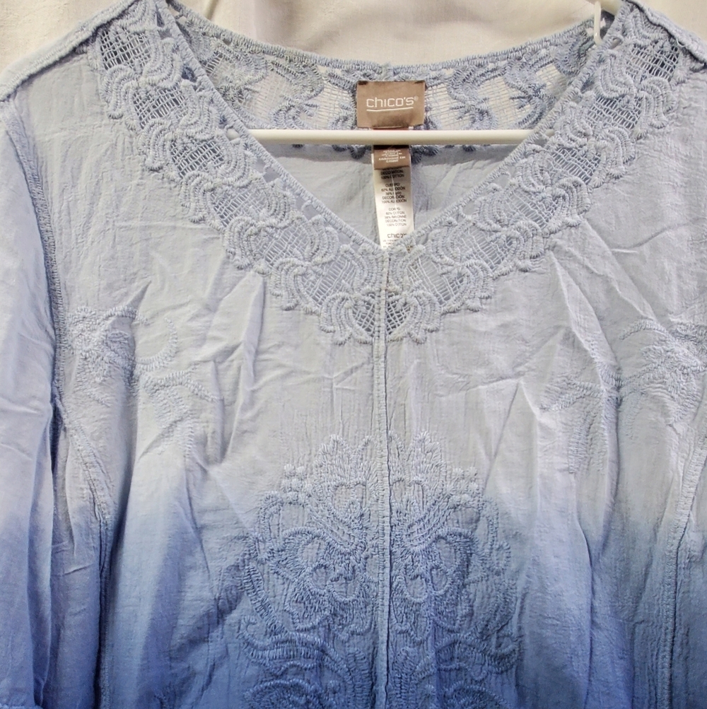 Chico's NWT Women's Blue Ombre Lace Trim Embroidered Boho Pullover Tunic Large - Picture 7 of 10